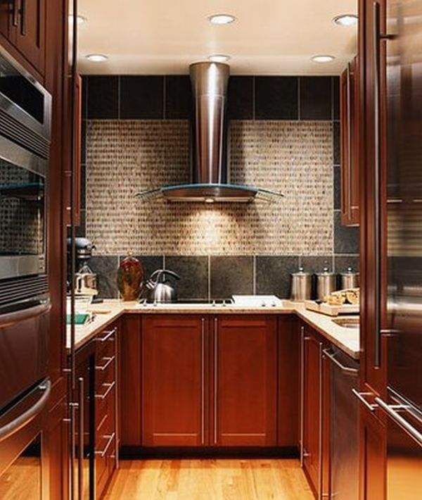 Furniture,Good Looking Small Space Kitchen Design Ideas With Cool Brown Wood Kitchen Cabinet And Modern Stainless Cooker Hood Plus Beautiful Ceiling Lamps Also Trendy Bright Wood Tile Floor For Industrial Concept,Luxury Kitchen Designers