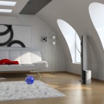 Furniture,Minimalist Living Room Interior Design Ideas With Modern White Sofa On Combined Soft Red Cushions And Cool White Fur Rug Plus Trendy Bright Brown Laminate Flooring Also Unique Curved Shape Glass Windows Using Beautiful White Wall Paint,Best Interior Design Ideas To Your Home