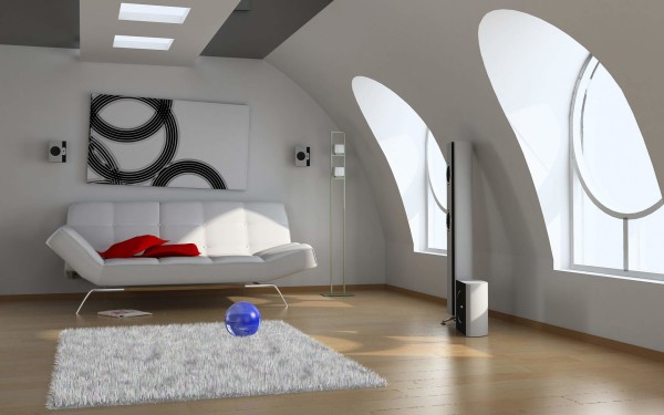 Furniture,Minimalist Living Room Interior Design Ideas With Modern White Sofa On Combined Soft Red Cushions And Cool White Fur Rug Plus Trendy Bright Brown Laminate Flooring Also Unique Curved Shape Glass Windows Using Beautiful White Wall Paint,Best Interior Design Ideas To Your Home