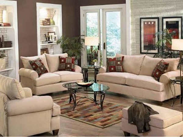 Furniture,Trendy Furniture Small Space Design Ideas With Stunning Cream Sofas And Beautiful Glass Round Accent Table On Combined Gorgeous Cream Drum Table Lamp Also Wonderful Oval Glass Table,Modern Living Room Design With Comfortable Furniture Small Spaces