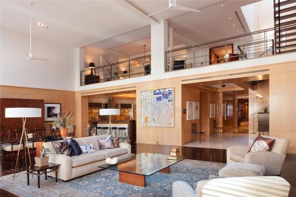 Living Room,Beautiful Nyc Penthouse Design Ideas With Wonderful Cream Fabric Two Seater Sofa And Cool Glass Coffe Table On Combined Gorgeous Pattern Rug Also Nice White Over Drum Floor Lamps Plus Adorable White Ceiling Fans,Luxury Nyc Penthouses