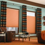 Interior,Contemporary Top Down Bottom Up Wood Blind Design Inspiration With Beautiful Funny Colorful Curtain And Comfortable Brown Sofa Also Small Glass Table,Top Down Bottom Up Wood Blinds Decoration