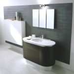 Bathroom,Enchanting Dark Wall Tiled Bath Design Inspiration With Minimalist Brown Single Vanity Bathroom And Cool Three Wall Mirror Also Wonderful White Wood Floating Cabinet,Admirable Bath Designs To Your Bathroom 
