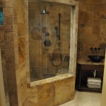 Bathroom,Fascinating Small Space Bathroom Design Inspiration With Nice Shower Enclosures And Cool Bathroom Vanity On Combined Beautiful Black Vessel Sink Also Modern White Ceramic Tile Floor,Fresh And Clean Bathroom Designs Modern