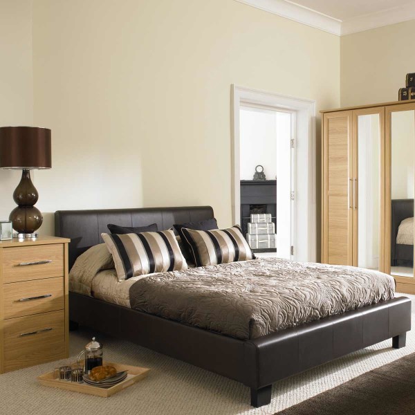 Bedroom,Smart Smooth Leather Bed Frame Design Inspiration With Soft Headboard And Nice Wood Nightstand Table Also Beautiful Brown Drum Shade,Style Low Profile Bed Design With Leather Beds