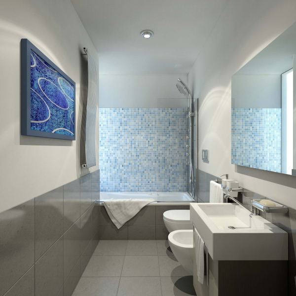Bathroom,Enticing Mosaic Wall Tiles Bath Design Inspiration With Stylish Sophisticated Square Vessel Sink Plus Cool Large Wall Mirror And Comfortable Built In Bathtub Also Gorgeous Gray Marble Ceramic Tile Floor ,Admirable Bath Designs To Your Bathroom 