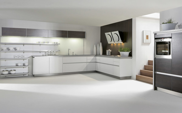 Furniture,Astounding Large Space Interior Design Picture With Marvelous White Kitchen Cabinet On Combined Nice Stainless Countertop And Wonderful Stainless Wall Mount Shelves Also Modern Oven Stove Built In Craft,Pretentious Interior Design Pictures 2015