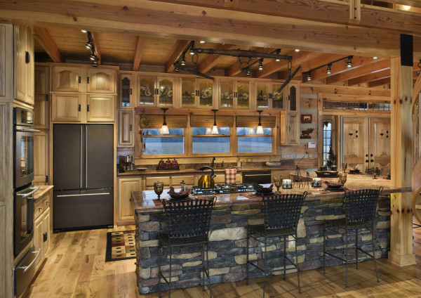 Furniture,Breathtaking Large Space Kitchen Design With Island Design Ideas And Exquisite Stone Kitchen Island Combined Beautiful Brown Marble Countertop Plus Comfortable Black Iron Bar Stools Also Trendy Bright Brown Wood Kitchen Cabinet For Rustic Concept,Love Kitchen Designs With Islands