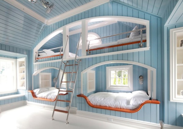 Bedroom,Dazzling Really Cool Bedroom Design With Stunning Bunk Bed Plus Comfortable White Bed Sheets On Combined Soft White Pillows And Nice Metal Ladder Also Gorgeous Light Blue Wood Linen Wall,Really Cool Bedrooms Designed With A High Comfort Level