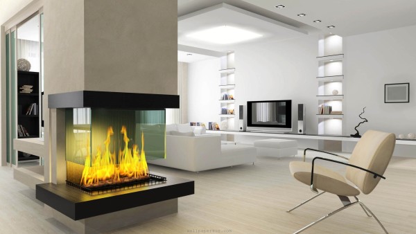 Interior,Impressive Open Plan Interior Designer Living Room Design Inspiration With Cozy Beige Arm Chair And Modern Electric Fireplace Also Comfortable White Sectional Sofa Plus Cool Open Bookshelf,The Best High Quality And Cheap Interior Designer Living Rooms