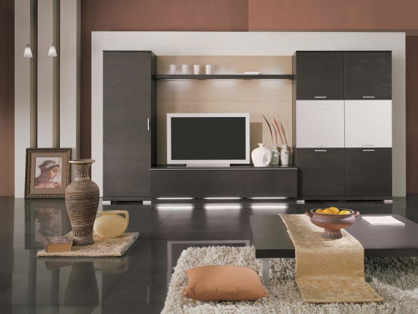 Interior,Stunning Large Space Interior Designer Living Room Design With Amazing Black Entertaiment Center And Beautiful Rectangular Black Table Also Soft White Fur Rug On Combined Nice Black Ceramic Tile Floor,The Best High Quality And Cheap Interior Designer Living Rooms