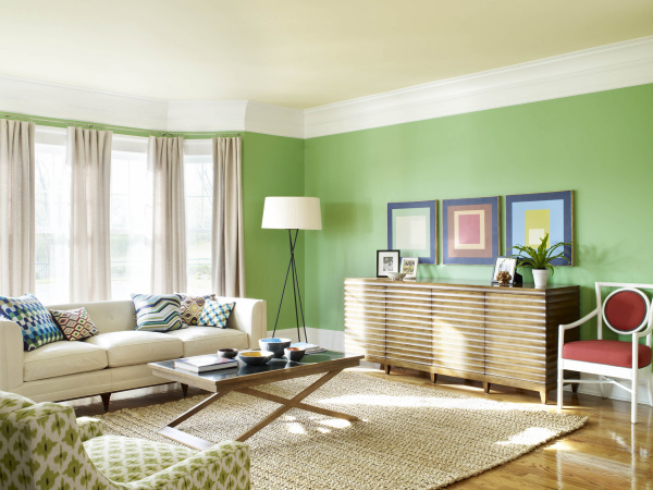 Furniture,Breathtaking Green Wall Paint Bay Window Decorating With Stunning White Leather Three Seater Sofa And Modern Tripod Floor Lamp Plus Gorgeous Brown Wood Cabinet Also Cool Black Glass Foldable Table On Combined Soft Natural Jute Rug,Contemporary Bay Window Decorating