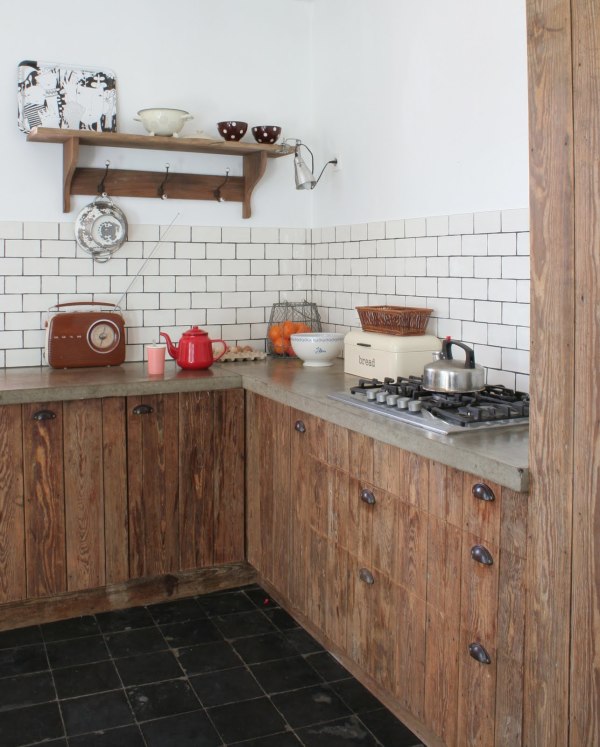Furniture,Admirable Reclaimed Wood Kitchen Cabinet Design Ideas On Combined Brown Color With Cool White Brick Wall And Charming Gray Countertop Plus Stovetop Also Nice Black Tile Floor For Vintage Concept,Reclaimed Wood Kitchen Cabinets 