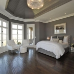 Interior,Fancy Large Space Bedroom Painting Ideas With Adorable Gray Bed Frame On Combined Comfortable White Bed Sheet And Luxurious White Single Seater Sofas Plus Trendy Dark Brown Wood Floor Also Elegant Oversized Chandelier,Creative Bedroom Painting Ideas