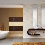 Bathroom,Adorable Bathroom Design With Charming White Ceramic Freestanding Bathtub And Unique Brown Wood Curved Shaped Bathroom Vanity On Combined Wonderful Double White Ceramic Vessel Sink Also Cool Vertical Wall Mirrors,Fresh And Clean Bathroom Designs Modern