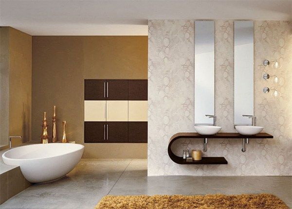 Bathroom,Adorable Bathroom Design With Charming White Ceramic Freestanding Bathtub And Unique Brown Wood Curved Shaped Bathroom Vanity On Combined Wonderful Double White Ceramic Vessel Sink Also Cool Vertical Wall Mirrors,Fresh And Clean Bathroom Designs Modern