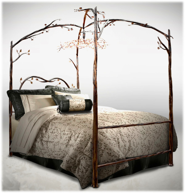 Bedroom,Impressive Wrought Iron Bedroom Design Inspiration With Beautiful Brown Bed Frame And Canopy Also Picturesque White Bed Cover On Combined Leaf Ornament,Contemporary Iron Bedroom Design