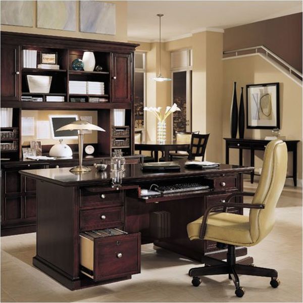 Furniture,Elegant Beige Wall Paint Top Office Design Inspiration With Charming Dark Brown Wood Office Desk Plus Beautiful Desk Lamp And Comfortable Beige Leather Executive Office Chair Also Charming Dark Brown Large Cabinet ,Pleasant And Comfortable Top Office Designs