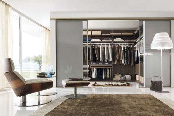 Furniture,Fabulous White Wall Paint Walk In Wardrobe Design Inspiration With Beautiful Clear Glass Sliding Door And Cool Shelves Plus Comfortable White Brown Leather Swivel Chair Also Gorgeous Glass Great Windows On Combined Nice Cream Curtians,Cool Amazing Some Walk In Wardrobe Designs