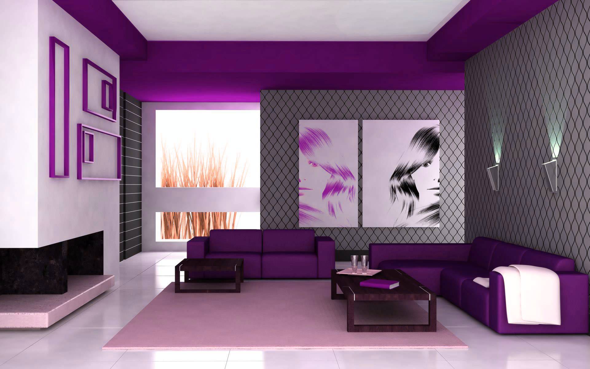 Interior,Picturesque Living Room Interior Design Photo With Stunning Purple Leather Sofas And Cool Dark Brown Wood Coffe Table On Combined Soft Light Purple Rug Plus Modern White Ceramic Tile Floor Also Beautiful White Mixed Purple Ceiling,Best High Quality Interior Design Photos To Your Living Room