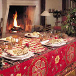 Dining Room,Trendy Large Space Table Decoration For Christmas With Stylish Red Pattern Table Cloth And Beautiful Cream Candle Light Plus Nice Cutlery Sets Also Rustic Fireplace,Splendid Dining Table Decorations For Christmas