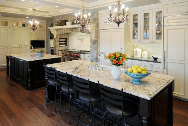 Furniture,Cool Amazing Kitchen Design Inspiration With Charming White Wood Kitchen Cabinet And Gorgeous Two Kitchen Island On Combined Beautiful White Marble Countertop Plus Wonderful Brown Tile Floor Also Amazing Three Chandelier ,Luxury Kitchen Designers