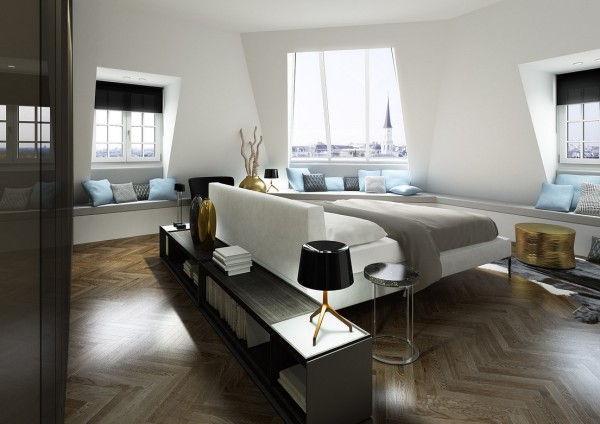Bedroom,Cool Stylish Sassy Smart Bedroom Design Inspiration With Comfortable White Platform Bed Frame And Beautiful Black Long Bookcase Also Gorgeous White Blue Gray Pillow,Modern Smart Bedroom Design To Comfort Sleeping