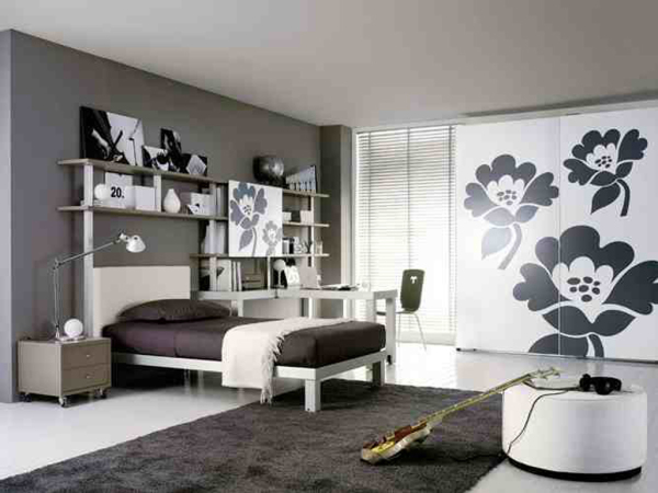 Bedroom,Enthralling Contemporary Bedoom Design Inspiration With Comfortable White Wood Bed Frame On Combined Soft Black Mattress And Cozy White Cushion Bench Also Charming Study Space,Relaxed Plan Contemporary Bedroom
