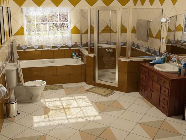 Bathroom,Impressive Bathroom Design Inspiration With Gorgeous Brown Wood Bathroom Vanity On Combined Nice White Ceramic Vessel Sink And Stylish Corner Shower Enclosures Also Beautiful White Ceramic Latrine Plus Exquisite White Beige Ceramic Tile Floor,Fresh And Clean Bathroom Designs Modern