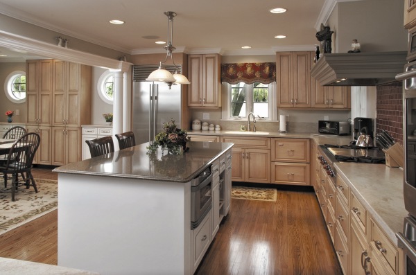 Furniture,Nice Looking Kitchen Design Inspiration With Stunning Bright Wood Kitchen Cabinet On Combined Gorgeous White Granite Countertop Plus Adorable Bright Wood Floating Kitchen Cabinet And Cool Black White Kitchen Island Also Trendy Brown Laminate Flooring ,Luxury Kitchen Designers
