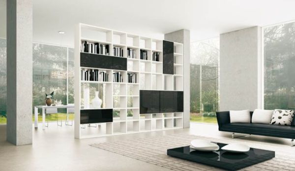 Interior,Enchanting White Wall Paint Interior Design Ideas With Amazing Black Sofa On Combined Soft White Cushions And Wonderful Black Glossy Square Tuscan Side Table Plus Awesome White Large Bookcase Also Modern Great Glass Windows,Minimalist Interior Designers