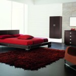 Furniture,Admirable Large Space Bedroom Interior Design Ideas With Cool Black Wood Bed Frame On Combined Soft Red Bed Cover And Wonderful Black Wood Dresser Plus Stylish Rectangular Wall Mirror Also Modern Marron Fur Rug,Cool Home Interior Designs Of 2015