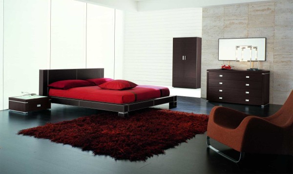 Furniture,Admirable Large Space Bedroom Interior Design Ideas With Cool Black Wood Bed Frame On Combined Soft Red Bed Cover And Wonderful Black Wood Dresser Plus Stylish Rectangular Wall Mirror Also Modern Marron Fur Rug,Cool Home Interior Designs Of 2015