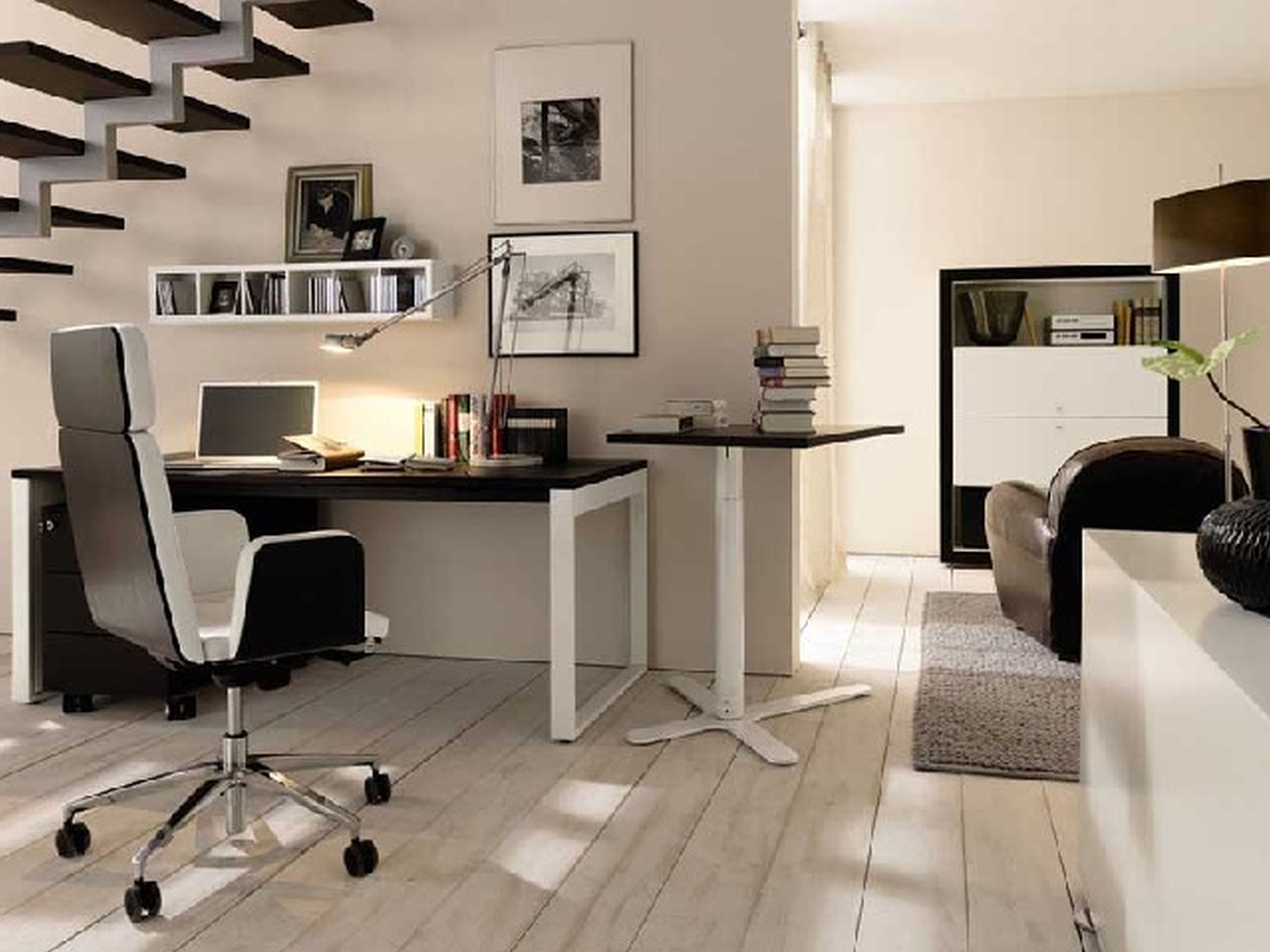 Furniture,Enchanting Unique Desk For Home Office Design IdeasOn Combined Black White Color With Nice Chrome Desk Lamp And Luxurious Arm Chair Also Cool White Wood Floor,Designs Unique Desks For Home Office