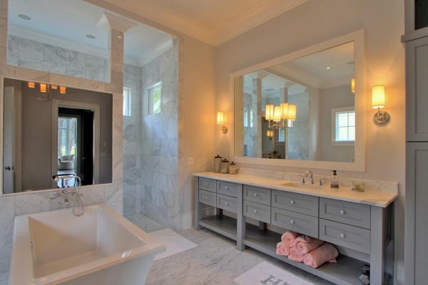Bathroom,The Best Cool Bathroom Vanities Mirror Design Ideas With Beautiful Grey Cabinet And Beautiful White Backsplash Also Comfortable White Bathtub,Bathroom Vanities Mirrors Decoration