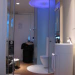 Furniture,Modern Shower Design Small Bathroom With Stylish Shiftted Glass Panel Shower And Comfortable Freestanding Closet Seat In Beautiful White Color Also Gorgeous White Freestanding Bathroom Vanity Vessel Sink For Minimalist Concept,Modern Shower Designs Small Bathrooms