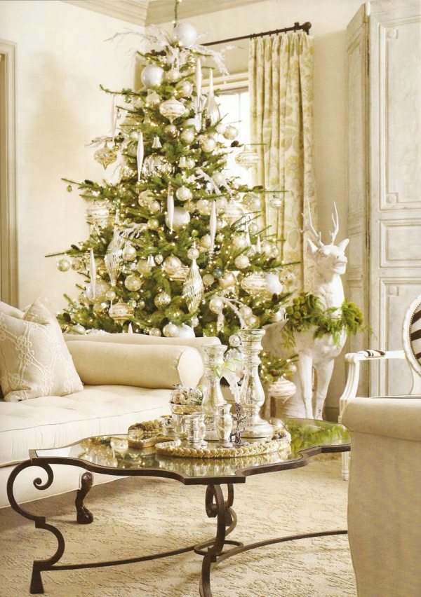 Furniture,Amazing Small Space Design Christmas Tree Ornament With Adorable Green Christmas Tree On Combined Beautiful White Ball Ornaments And Unique Glass Table Plus Soft Cream Fur Rug Also Comfortable White Sofas For Luxurious Concept,Spectacular Designer Christmas Tree Ornaments