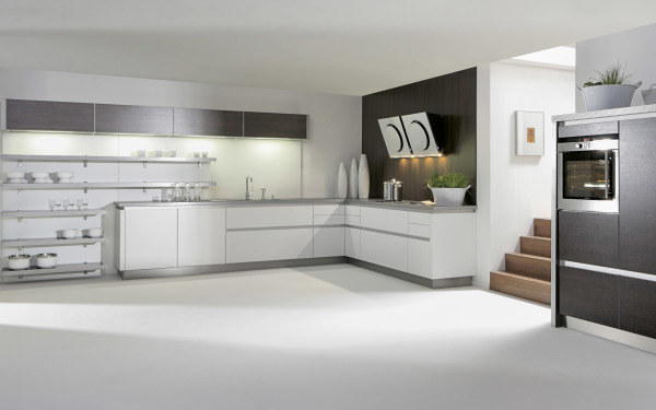 Furniture,Nice Looking Large Space Minimal Kitchen Design Ideas With Gorgeous White Large Kitchen Cabinet Plus Cool Open Shelves And Gorgeous Chrome Kitchen Faucet Also Nice White Floor  ,Plush Minimal Kitchen Design Ideas