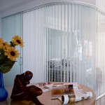 Interior,Modern Verticle Blind On Combined White Color Also Cool Sliding Glass Door And Creative Artwork With High Gloss Finish Wood Table,Nice Spectacular Verticle Blinds Design Inspiration