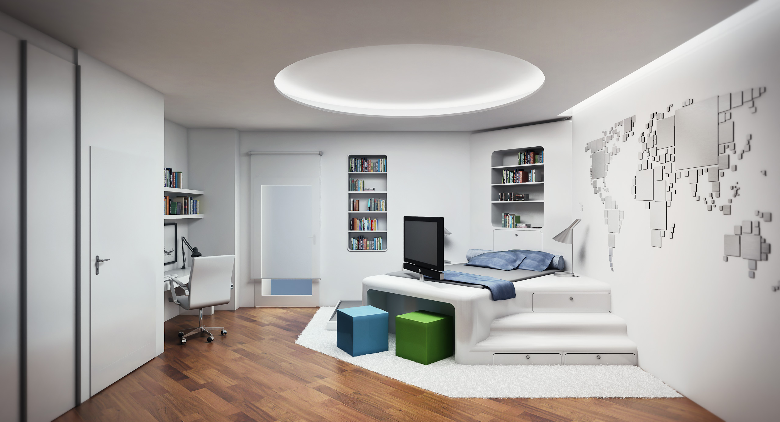 Furniture,Unique Interior Design Architect With Stylish Corner Bed And Cool White Study Table Plus Comfortable Wheels White Chair On Combined Wonderful Brown Laminate Flooring Also Beautiful Floating Open Bookshelf Using Splendid White Wall Paint,Modern Interior Design Architects For Your Homes