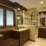 Bathroom,Fancy Small Space Bathroom Design With Awesome Brown Wood Bathroom Vanity On Combined Nice Undermount Trough Sink Bathroom And Stylish Corner Shower Enclosures Also Wonderful Brown Wood Window Frame,Fresh And Clean Bathroom Designs Modern