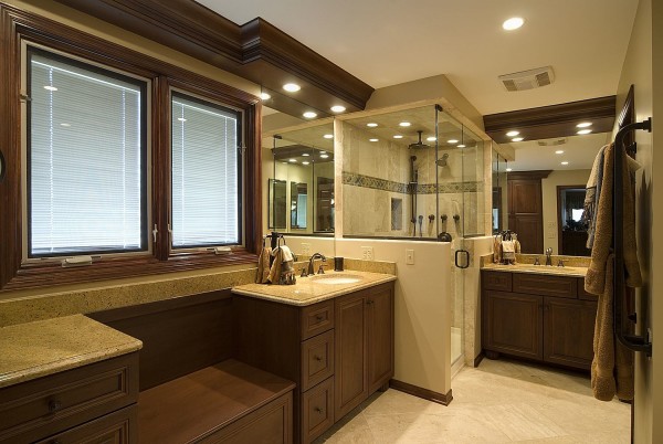 Bathroom,Fancy Small Space Bathroom Design With Awesome Brown Wood Bathroom Vanity On Combined Nice Undermount Trough Sink Bathroom And Stylish Corner Shower Enclosures Also Wonderful Brown Wood Window Frame,Fresh And Clean Bathroom Designs Modern