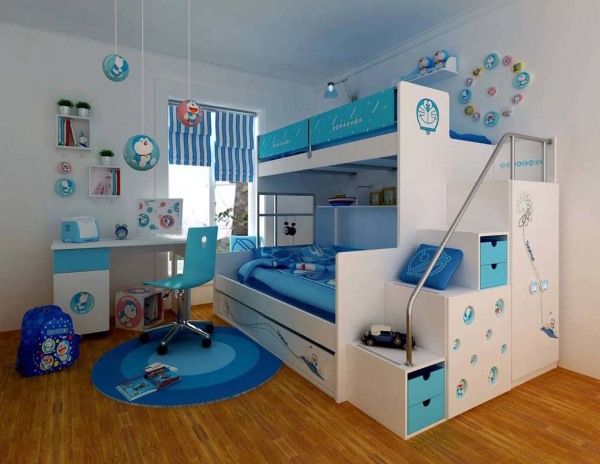 Bedroom,Stunning Bunk Bed Design Ideas With Beautiful White Bed Frame And Comfortable Blue Mattress Also Cozy Study Space For Kids Children Bedroom ,Modern Bunk Bed For Kids Bedroom Designs