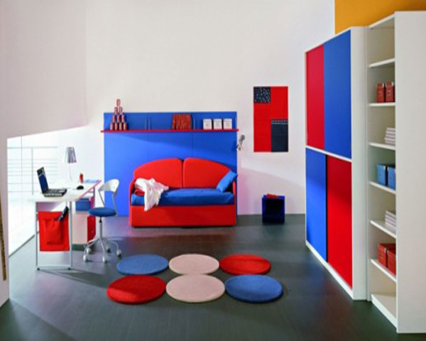 Bedroom,Fascinating Kids Bedroom Design With Charming Red Bed Frame On Combined Blue Mattress And Comfortable Study Space Also Nice Blue Red Wardrobe For Boys,Delight Kids Bedroom Design