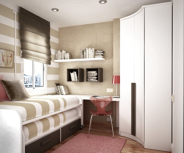 Bedroom,Fascinating Bedroom Design For Guy With Charming Trundle Bed On Combined Soft White Beige Striped Mattress And Cool Study Space Plus Nice Open Book Shelves Also Wonderful Large White Wardrobe ,Cool Bedroom Designs For Guys