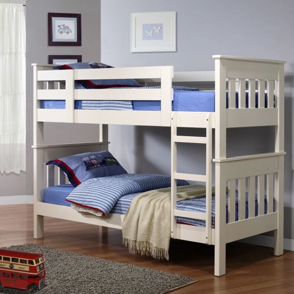 Bedroom,Childrens Bunk Bed Design Ideas With Charming White Bed Frame And Stylish Three Steps Ladder In White Color Also Cool Gray Rug On Combined Wood Floor,Modern Bunk Bed For Kids Bedroom Designs