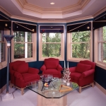 Furniture,Enthralling Bay Window Decorating With Comfortable Red Single Seater Sofas And Cool Floor Lamp Also Modern Glass Table Plus Wonderful Vintage Table Lamps,Contemporary Bay Window Decorating
