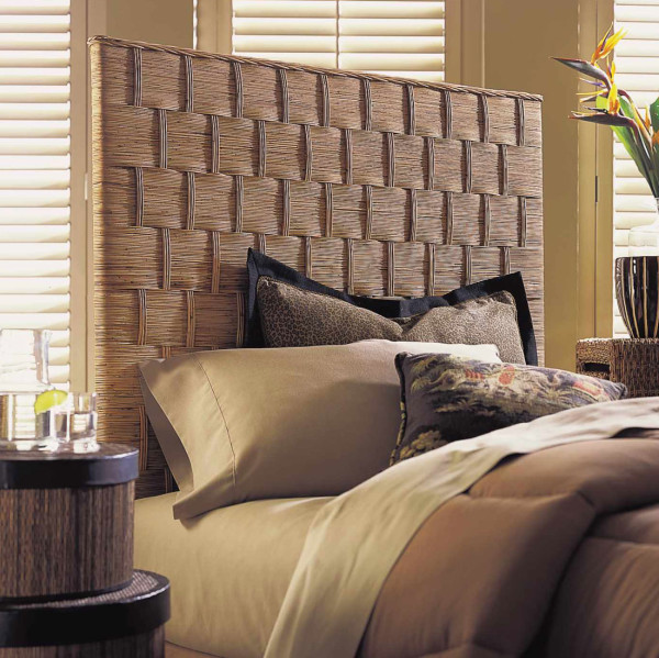 Bedroom,Natural Headboard Design Ideas With Creative Padmas Plantation Abaca Weave Panel Headboard And Soft Beige Bed Sheet Also Wonderful White Blinds,Comfortable Bed With Headboard Designs