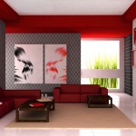 Interior,Exquisite Interior Design Photo With Modern Red Leather Sofas And Cool Dark Brown Wood Coffe Tables Plus Soft Cream Rug On Combined Trendy White Ceramic Tile Floor Also Beautiful Artwork,Best High Quality Interior Design Photos To Your Living Room