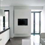 Apartments,Fabulous White Themed Very Small Apartment Design Ideas With Comfortable White Two Seater Sofa And Cool White Table On Combined Modern Gray Ceramic Tile Floor Also Nice White Oversized Drum Pendant Lamp,Comfy Studio In Very Small Apartment Design